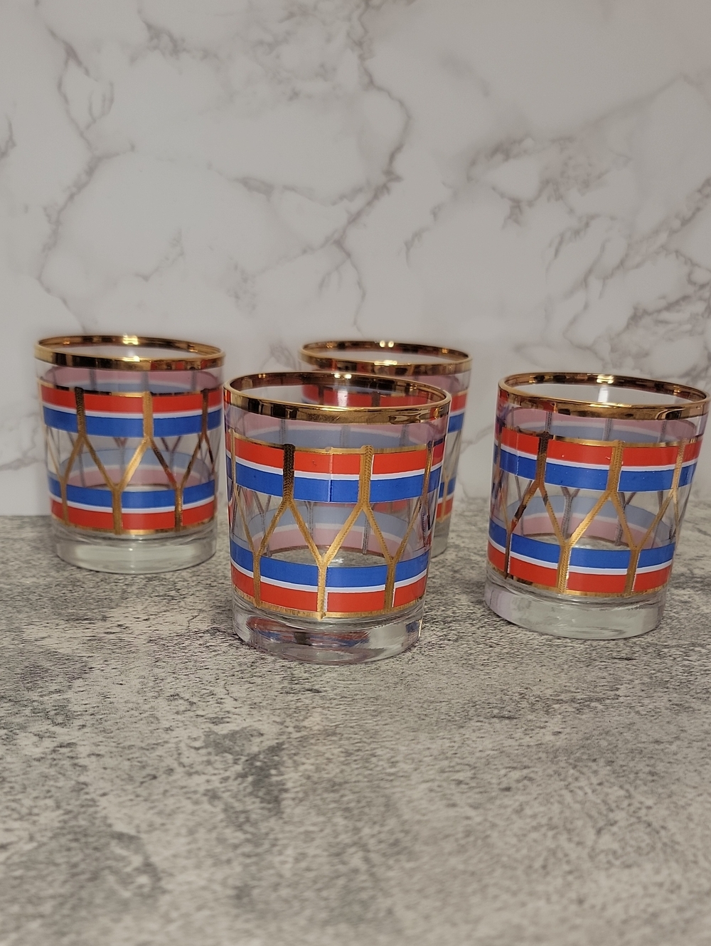 Vintage Fabrico Red and Blue Gold Rim Rocks Glasses Set of Four - Picture 3 of 9